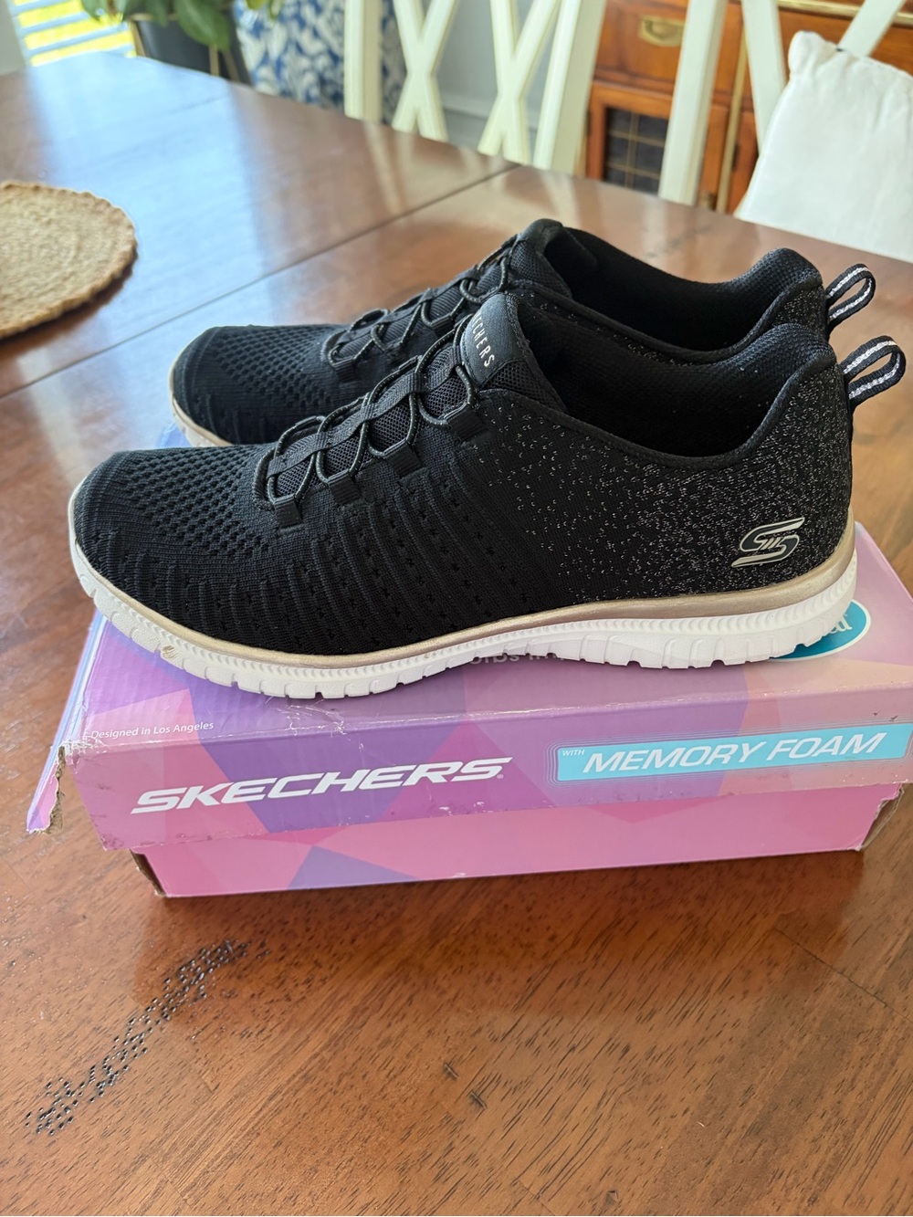 Skechers Black Knit Slip-On Sneakers with White Sole